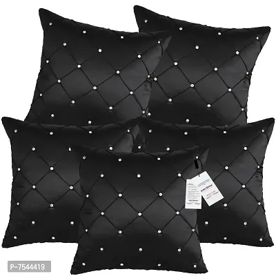 indoAmor Pintex Crystal Stone Work Satin Throw/Pillow Cushion Covers (16x16 Inches, Black) - Set of 5 Covers-thumb0