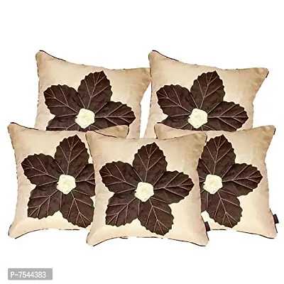 indoAmor Flower Silk Cushion Cover (Beige, 16x16 Inches) - Set of 5 Pieces-thumb0