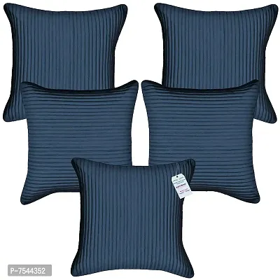 indoAmor Quilted Stripes Silk Cushion Cover with Overlock Stitching (Indigo Blue, 16x16 Inches) Set of 5 Pieces-thumb0