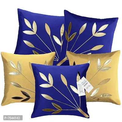 indoAmor Silk Cushion Cover, Golden Leaves Design (Blue and Beige, 16x16 Inches) Set of 5 Covers