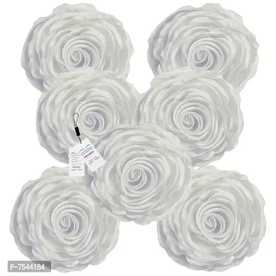 indoAmor Decorative Rose Shape Super Satin Round Cushion Covers, 16x16 Inches (White) - Set of 7 Covers