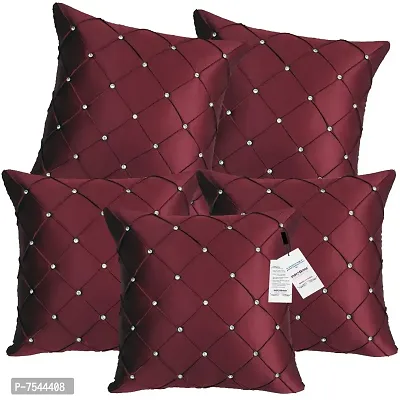 indoAmor Pintex Crystal Stone Work Satin Throw/Pillow Cushion Covers (16x16 Inches, Maroon) - Set of 5 Covers-thumb0