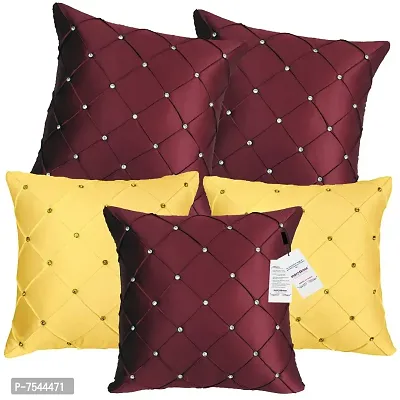 indoAmor Pintex Crystal Stone Work Satin Throw/Pillow Cushion Covers (16x16 Inches, Maroon Golden) - Set of 5 Covers