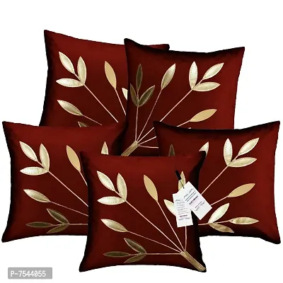 indoAmor Silk Cushion Cover, Golden Leaves Floral Design (Maroon, 16x16 Inches) Set of 5 Covers