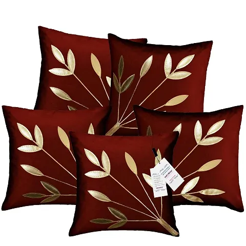 indoAmor Silk Cushion Cover, Golden Leaves Floral Design (16x16 Inches) Set of 5 Covers