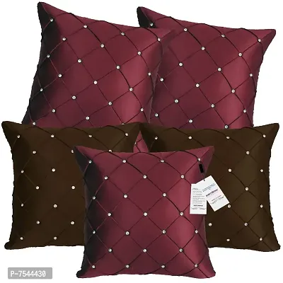 indoAmor Pintex Crystal Stone Work Satin Throw/Pillow Cushion Covers (16x16 Inches, Maroon Brown) - Set of 5 Covers