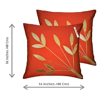 indoAmor Silk Cushion Cover, Golden Leaves Floral Design (Red, 16x16 Inches) Set of 5 Covers-thumb1