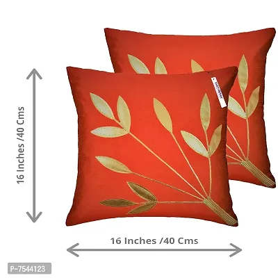 indoAmor Silk Cushion Cover, Golden Leaves Floral Design (Red, 16x16 Inches) Set of 5 Covers-thumb2