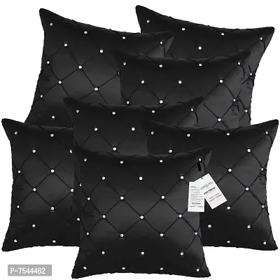 indoAmor Pintex Crystal Stone Work Satin Throw/Pillow Cushion Covers (16x16 Inches, Black) - Set of 7 Covers