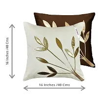 indoAmor Silk Cushion Cover, Golden Leaves Design (Brown and White, 16x16 Inches) Set of 5 Covers-thumb1