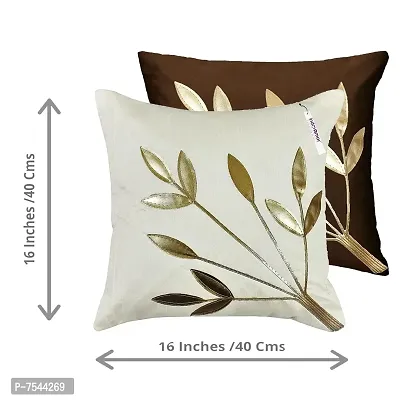 indoAmor Silk Cushion Cover, Golden Leaves Design (Brown and White, 16x16 Inches) Set of 5 Covers-thumb2