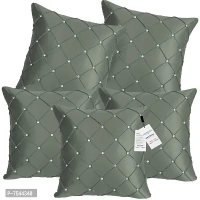 indoAmor Pintex Crystal Stone Work Satin Throw/Pillow Cushion Covers (16x16 Inches, Grey) - Set of 5 Covers-thumb0