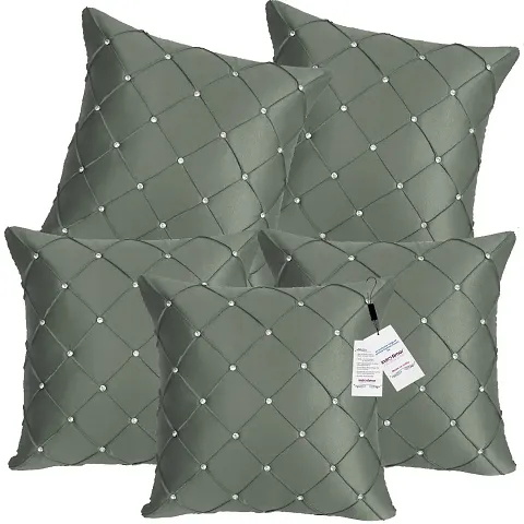 indoAmor Pintex Crystal Stone Work Satin Throw/Pillow Cushion Covers (16x16 Inches) - Set of 5 Covers