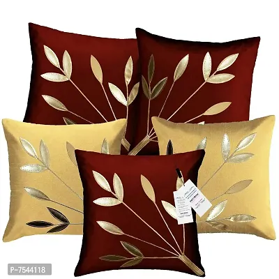 indoAmor Silk Cushion Cover, Golden Leaves Design (Maroon and Beige, 16x16 Inches) Set of 5 Covers