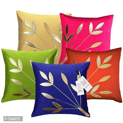 indoAmor Silk Cushion Cover, Golden Leaves Floral Design (Multicolor, 16x16 Inches) Set of 5 Covers