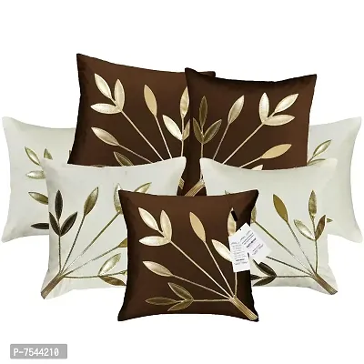 indoAmor Silk Cushion Covers, Leaves Pattern (16X16 Inches, White Brown) Set of 7 Covers-thumb0