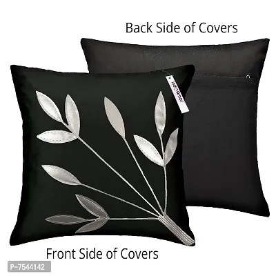 indoAmor Silk Cushion Cover, Silver Leaves Design (Black and Grey, 16x16 Inches) Set of 5 Covers-thumb3
