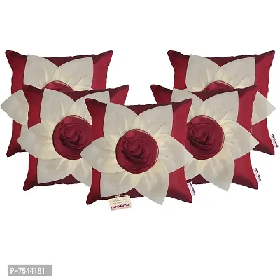 indoAmor Flower Silk Cushion Cover (Maroon, 16x16 Inches) - Set of 5 Pieces-thumb2