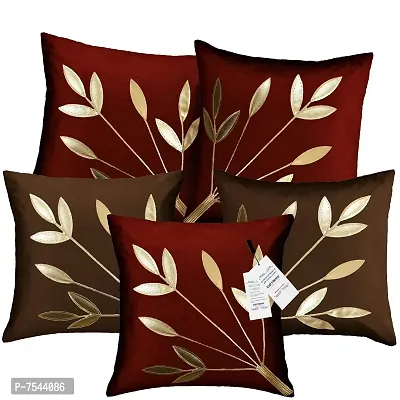 indoAmor Silk Cushion Cover, Golden Leaves Design (Maroon and Brown, 16x16 Inches) Set of 5 Covers