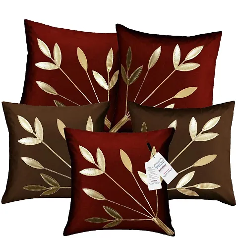 indoAmor Silk Cushion Cover, Golden Leaves Design (16x16 Inches) Set of 5 Covers