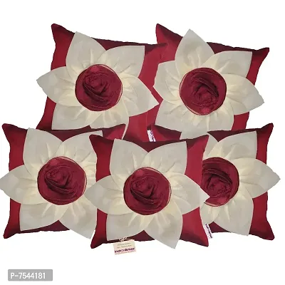 indoAmor Flower Silk Cushion Cover (Maroon, 16x16 Inches) - Set of 5 Pieces