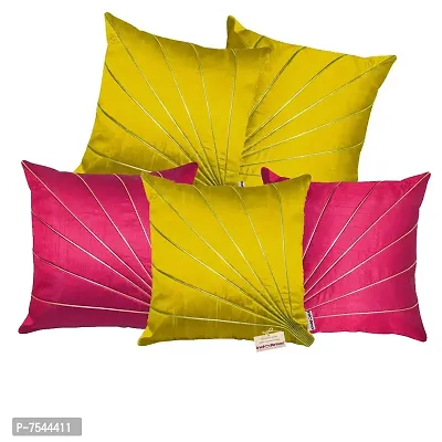 indoAmor Stripes Pattern Silk Cushion Covers (Yellow  Pink, 16x16 inches) - Set of 5 Pieces