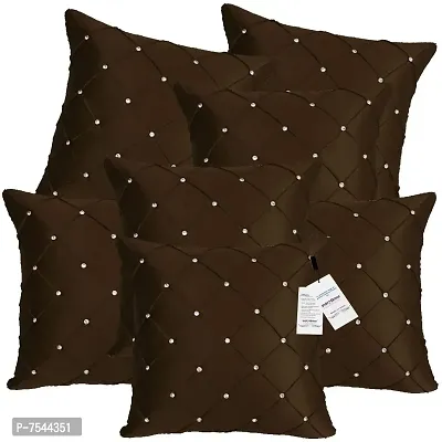 indoAmor Pintex Crystal Stone Work Satin Throw/Pillow Cushion Covers (16x16 Inches, Coffee Brown) - Set of 7 Covers