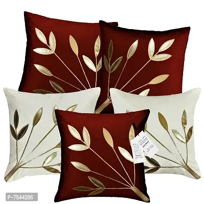 indoAmor Silk Cushion Cover, Golden Leaves Design (Maroon and White, 16x16 Inches) Set of 5 Covers
