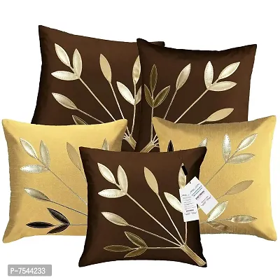 indoAmor Silk Cushion Cover, Golden Leaves Design (Brown and Beige, 16x16 Inches) Set of 5 Covers