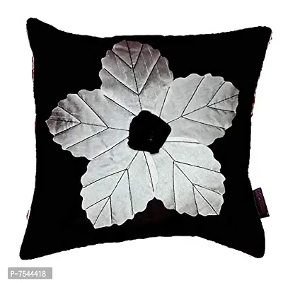 indoAmor Flower Silk Cushion Cover (Black, 16x16 Inches) - Set of 5 Pieces-thumb2