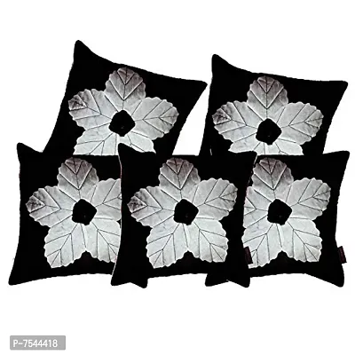 indoAmor Flower Silk Cushion Cover (Black, 16x16 Inches) - Set of 5 Pieces