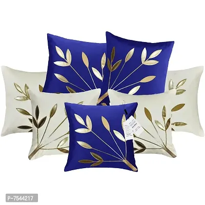 indoAmor Silk Cushion Covers, Leaves Pattern (16X16 Inches, White Blue) Set of 7 Covers-thumb0