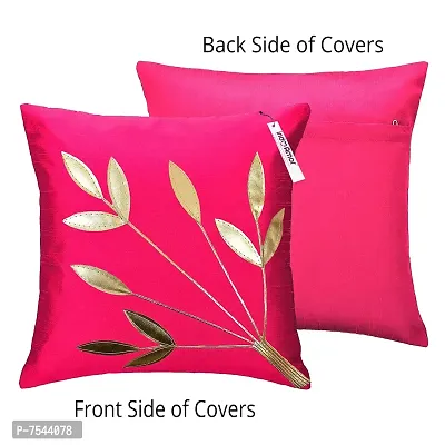 indoAmor Silk Cushion Cover, Golden Leaves Floral Design (Pink, 16x16 Inches) Set of 5 Covers-thumb3