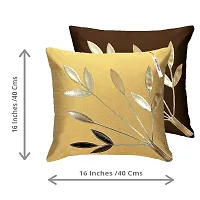 indoAmor Silk Cushion Cover, Golden Leaves Design (Brown and Beige, 16x16 Inches) Set of 5 Covers-thumb1