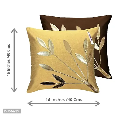 indoAmor Silk Cushion Cover, Golden Leaves Design (Brown and Beige, 16x16 Inches) Set of 5 Covers-thumb2