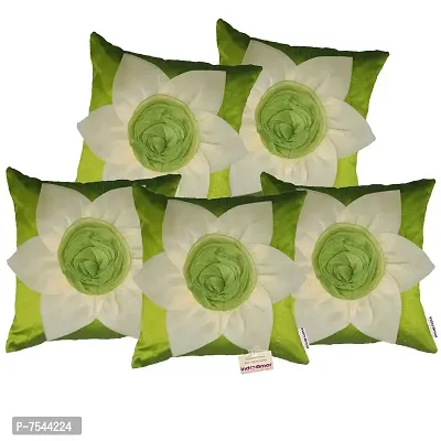 indoAmor Flower Silk Cushion Cover (Green, 16x16 Inches) - Set of 5 Pieces