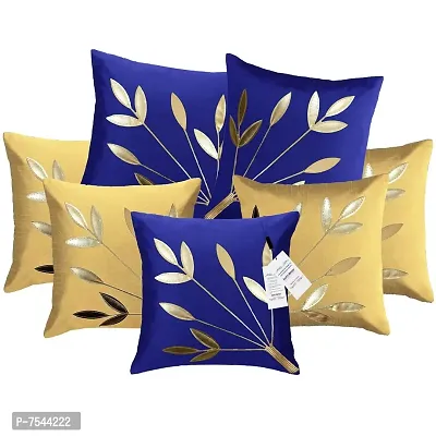 indoAmor Silk Cushion Covers, Leaves Pattern (16X16 Inches, Fawn Blue) Set of 7 Covers