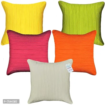 indoAmor Quilted Stripes Silk Cushion Cover with Overlock Stitching (Multicolor, 16x16 Inches) Set of 5 Pieces