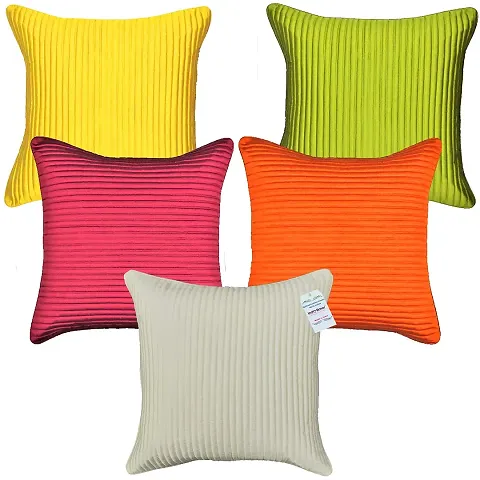 indoAmor Quilted Stripes Silk Cushion Cover with Overlock Stitching (16x16 Inches) Set of 5 Pieces