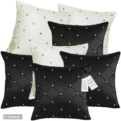 indoAmor Pintex Crystal Stone Work Satin Throw/Pillow Cushion Covers (16x16 Inches, Black Off-White) - Set of 7 Covers