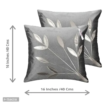 indoAmor Silk Cushion Covers, Leaves Pattern (16X16 Inches, Grey) Set of 7 Covers-thumb3