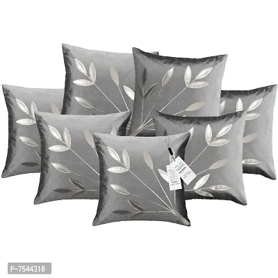 indoAmor Silk Cushion Covers, Leaves Pattern (16X16 Inches, Grey) Set of 7 Covers