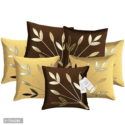 indoAmor Silk Cushion Covers, Leaves Pattern (16X16 Inches, Fawn Brown) Set of 7 Covers