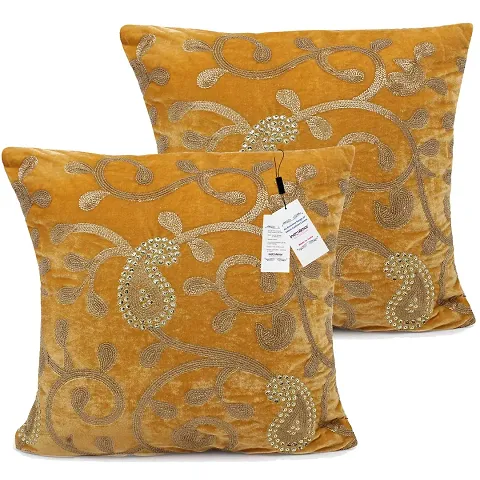 indoAmor Paisley Sequine Embroidery Velvet Cushion Covers (16x16 Inches)- Set of 2 Covers