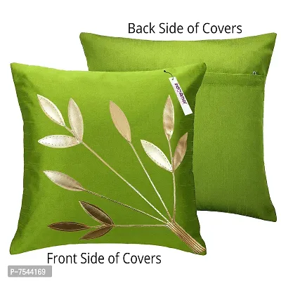 indoAmor Silk Cushion Cover, Golden Leaves Floral Design (Green, 16x16 Inches) Set of 5 Covers-thumb3