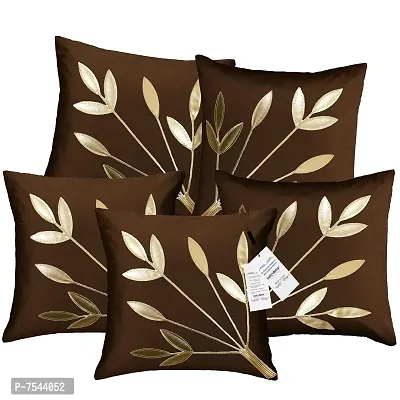 indoAmor Silk Cushion Cover, Golden Leaves Floral Design (Coffee Brown, 16x16 Inches) Set of 5 Covers-thumb0