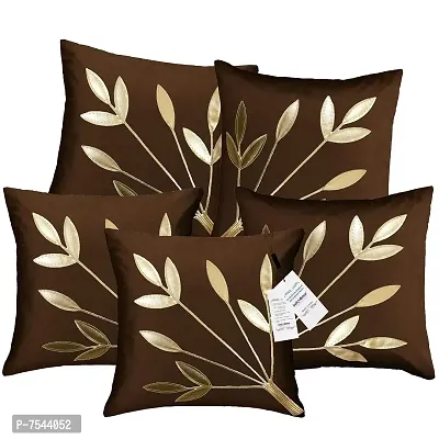 indoAmor Silk Cushion Cover, Golden Leaves Floral Design (Coffee Brown, 16x16 Inches) Set of 5 Covers