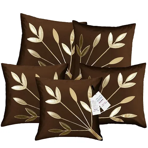 indoAmor Silk Cushion Cover, Golden Leaves Floral Design (16x16 Inches) Set of 5 Covers