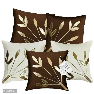 indoAmor Silk Cushion Cover, Golden Leaves Design (Brown and White, 16x16 Inches) Set of 5 Covers-thumb0
