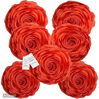 indoAmor Decorative Rose Shape Super Satin Round Cushion Covers, 16x16 Inches (Red) - Set of 7 Covers